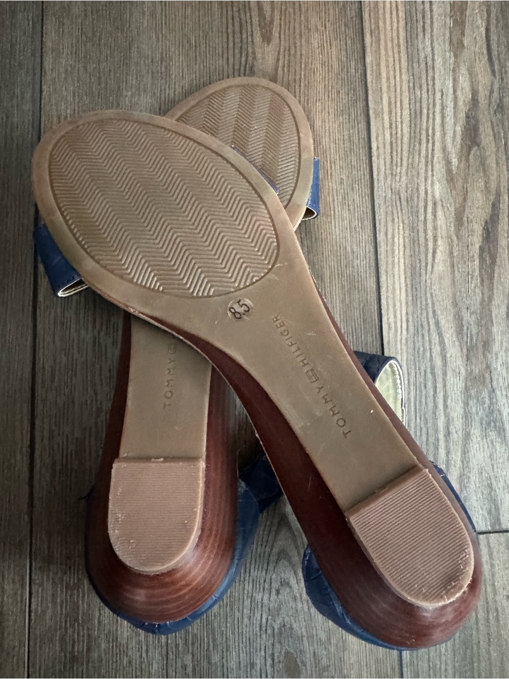 Tommy Hilfiger Navy Croc-Embossed Ankle Strap Sandals - Picture 4 of 5